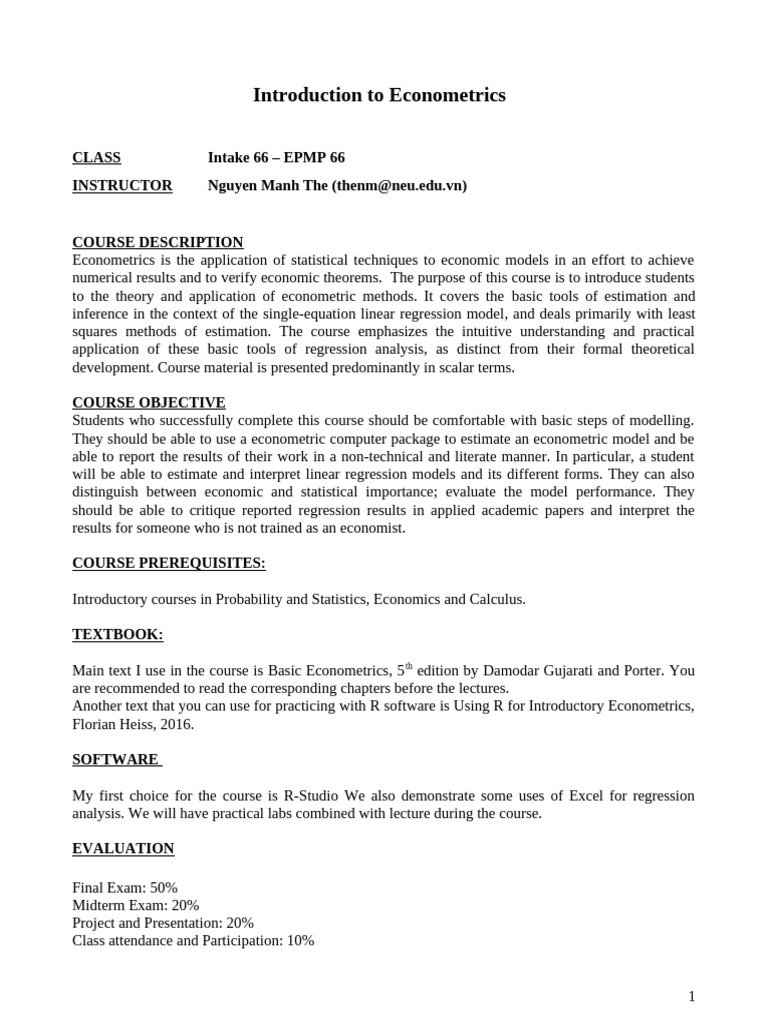 Introduction to Econometrics Course Syllabus | PDF | Regression ...