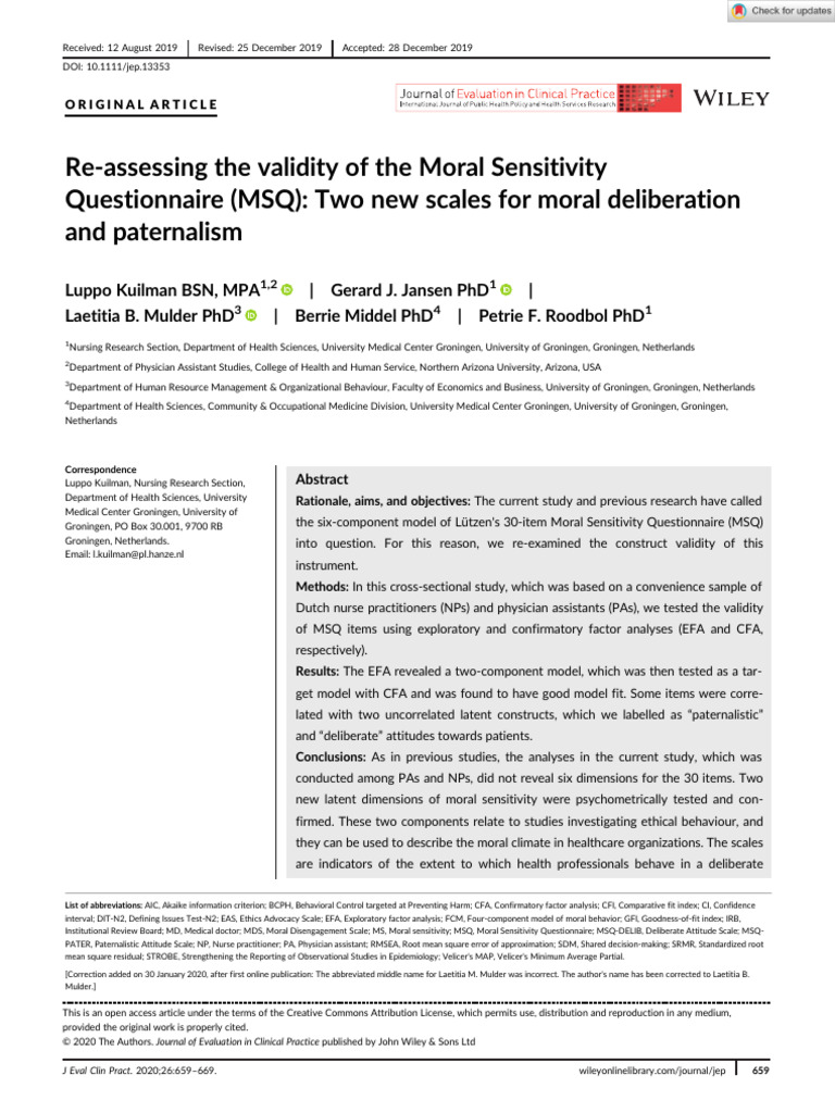 Re‐Assessing the Validity of the Moral Sensitivity Questionnaire MSQ ...