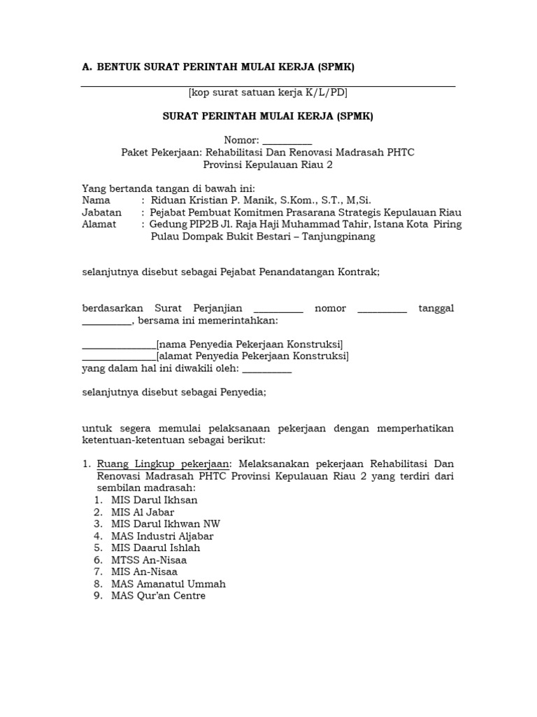 Surat Perintah Kerja Renovasi Madrasah | PDF