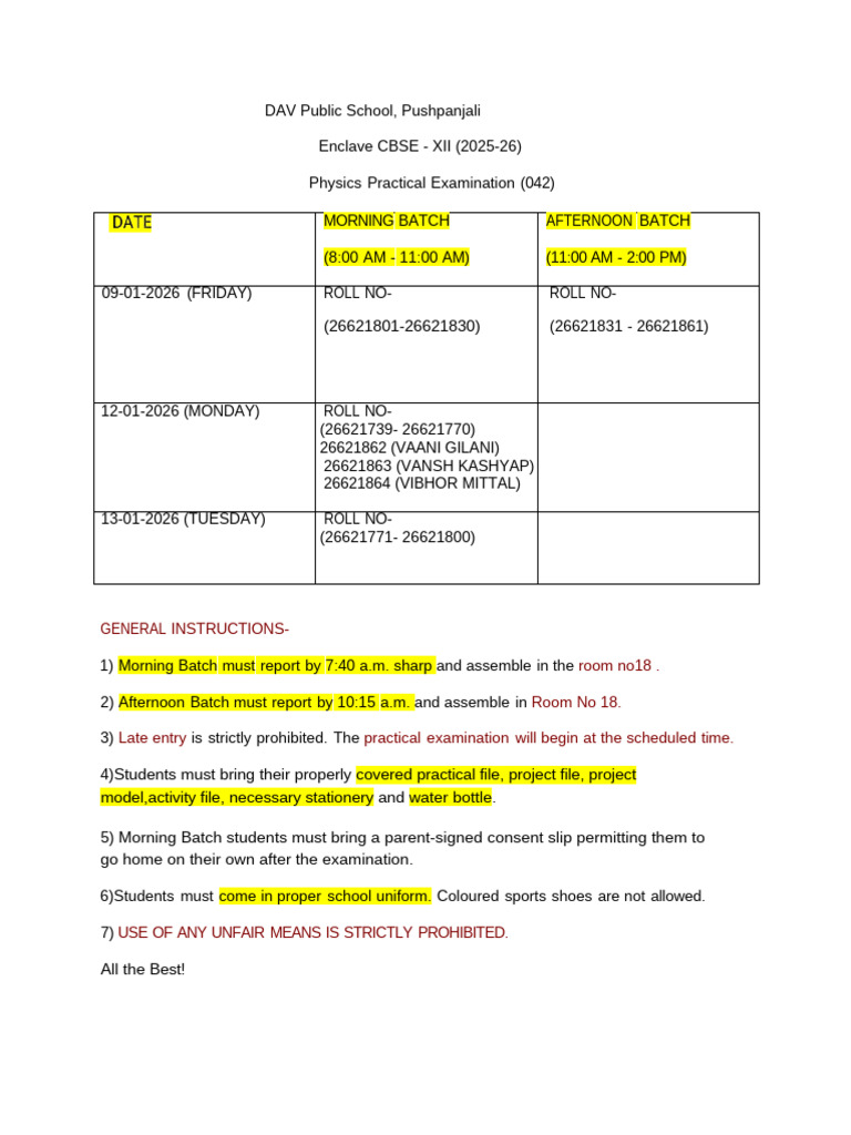 DAV Public School Physics Exam Schedule | PDF