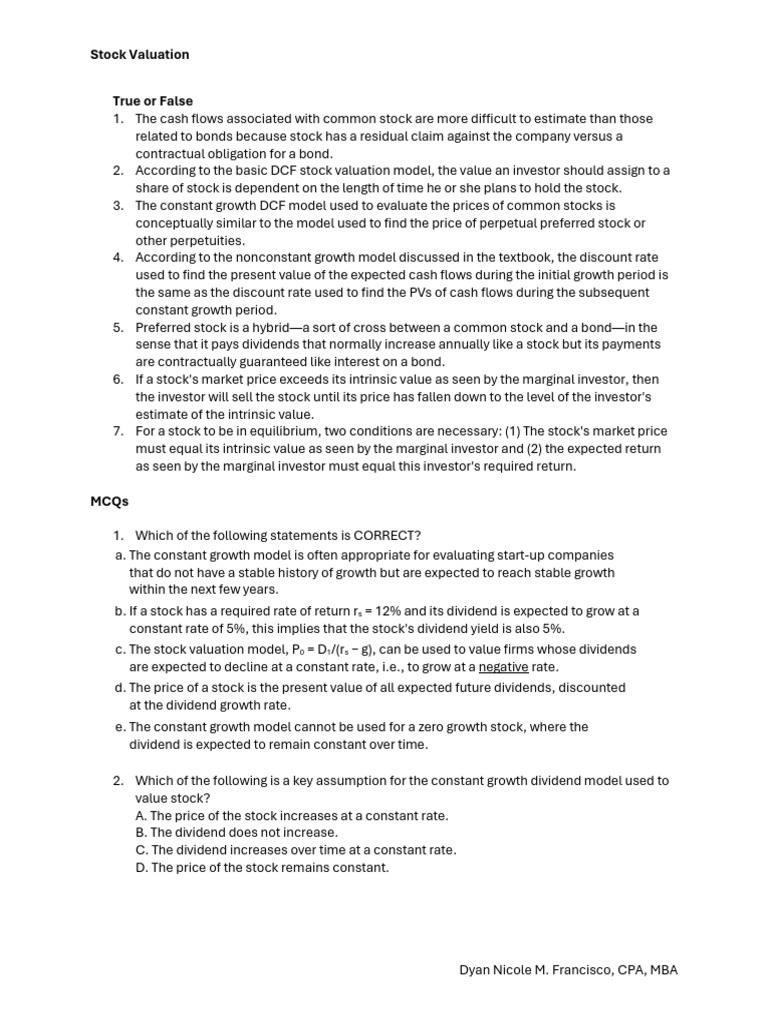 Stock Valuation Techniques and Models | PDF | Stock Valuation ...