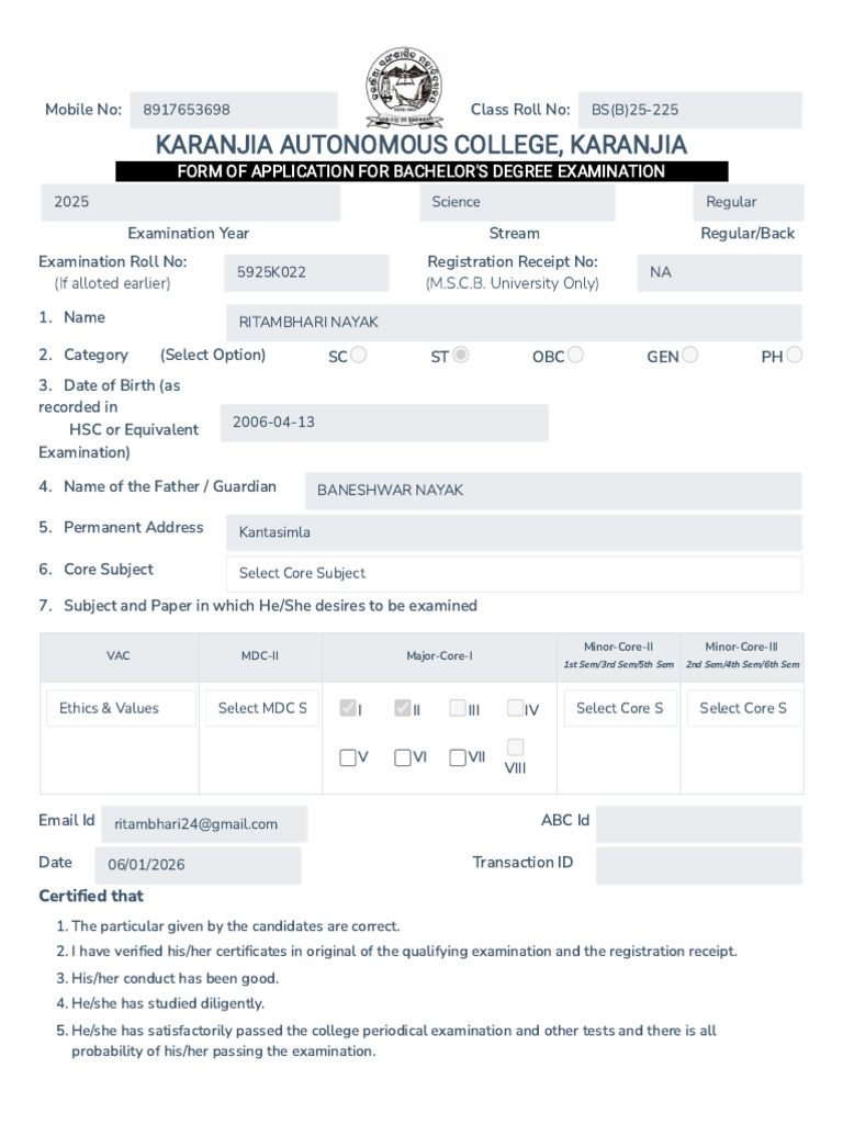 Bachelor's Degree Exam Application Form | PDF