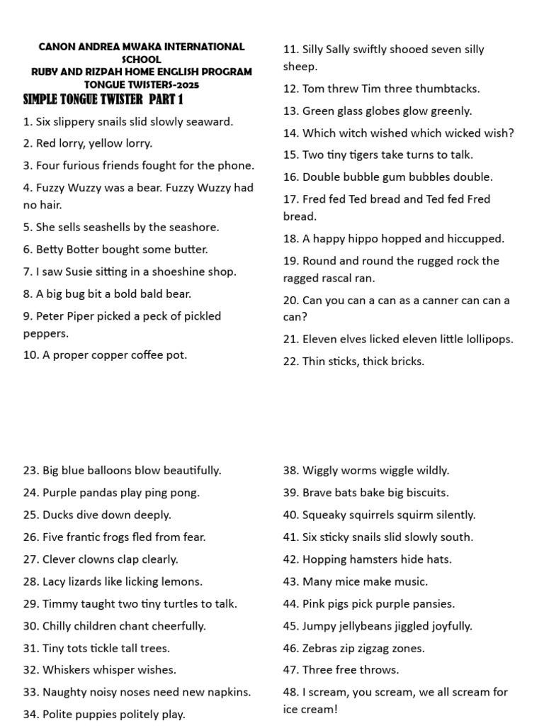 Fun English Tongue Twisters for Kids | PDF