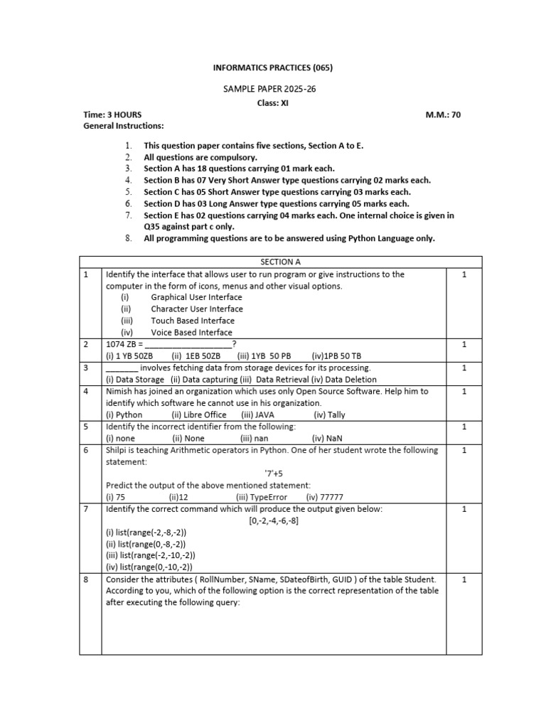 Informatics Practices XI Sample Paper 2022-23 | PDF | Sql | Information ...