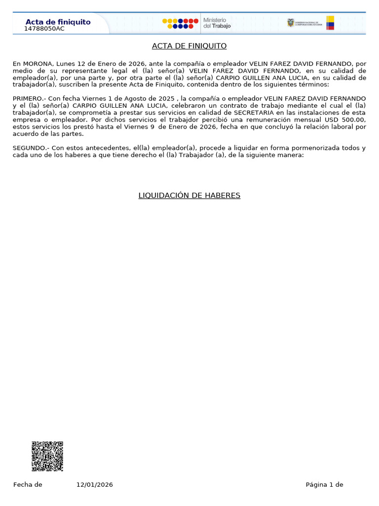 Acta de Finiquito Laboral 2026 | PDF | Salario