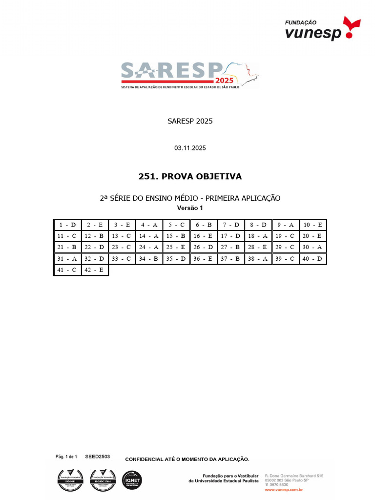 Gabarito Prova SARESP 2025 2ª Série | PDF