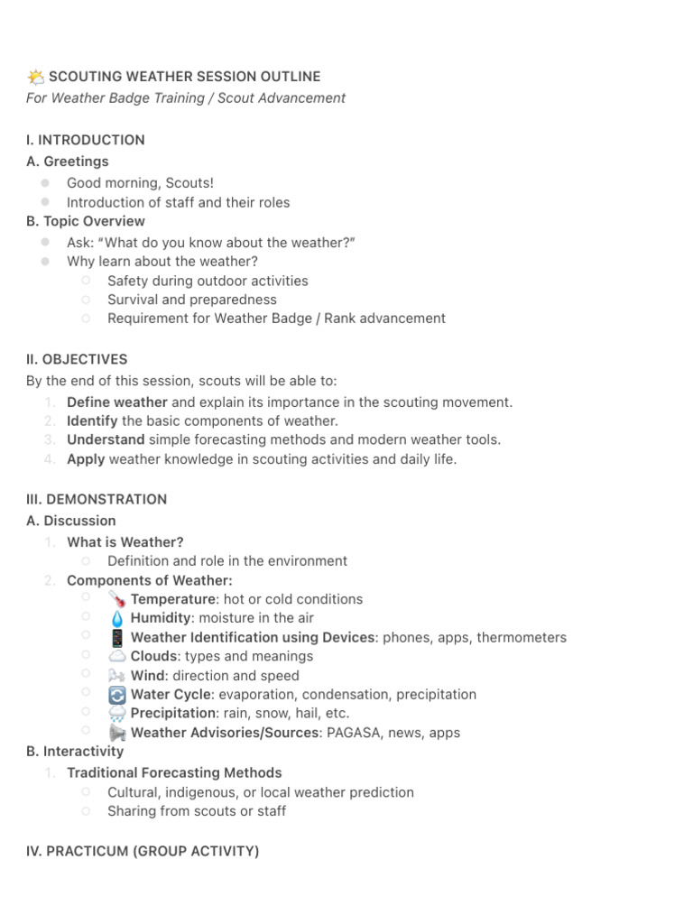 ? Scouting Weather Session Outline for Weather Badge Training Scout… | PDF