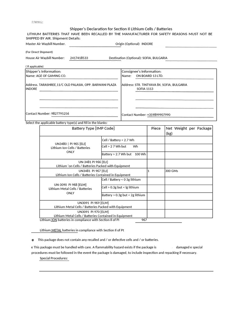 Shipper's Declaration for Lithium Batteries | PDF | Lithium | Galvanic ...