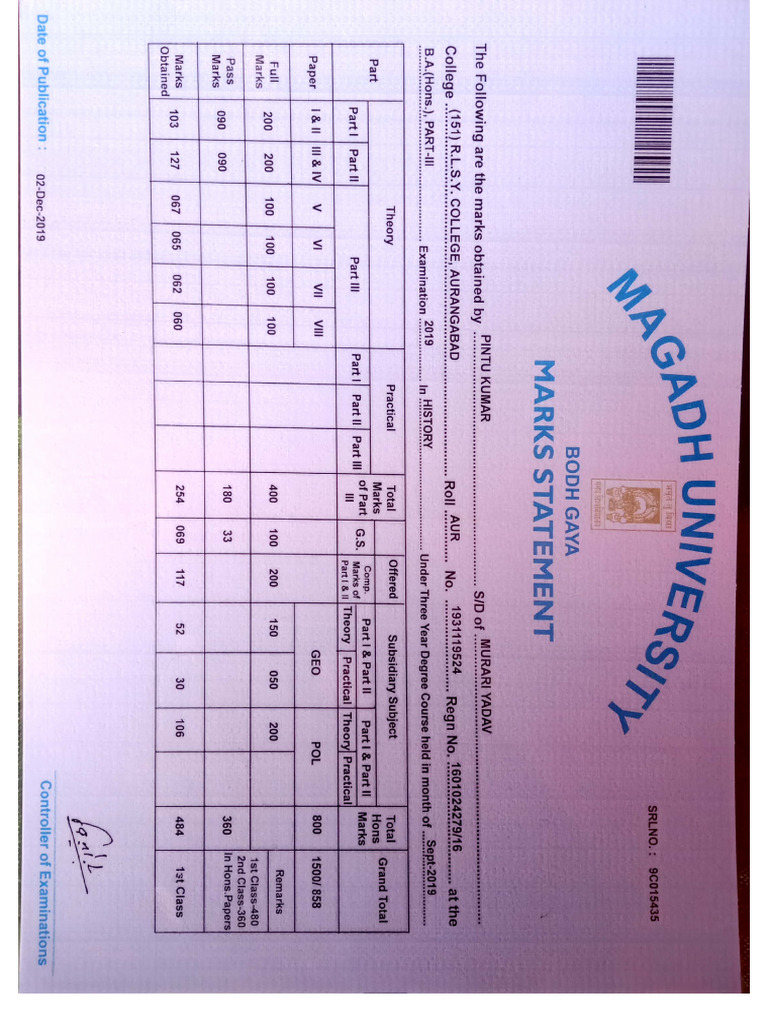 Ba Part 3 Marksheet | PDF