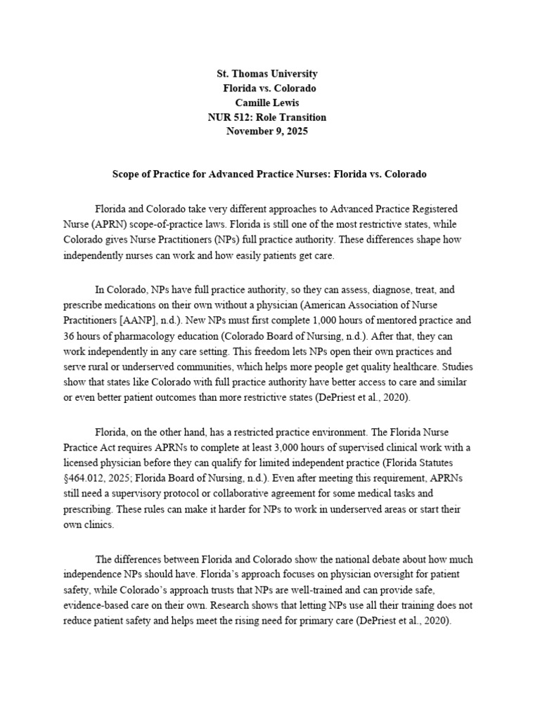 APRN Scope of Practice: Florida vs. Colorado | PDF | Nursing | Nurse ...