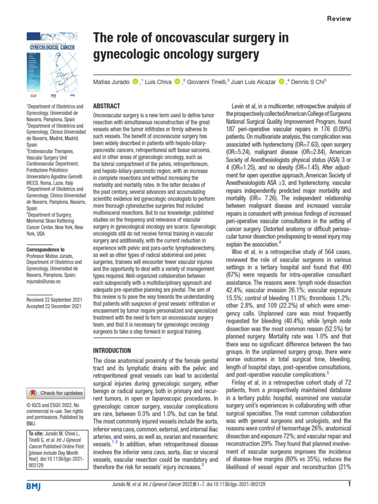 Oncovascular Surgery in Gynecologic Oncology | PDF | Surgery | Vein