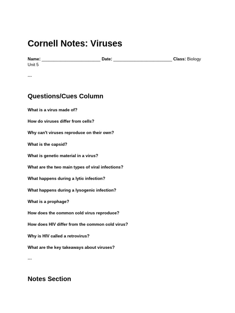 Completed Cornell Notes_ Viruses (1) | PDF | Virus | Retrovirus