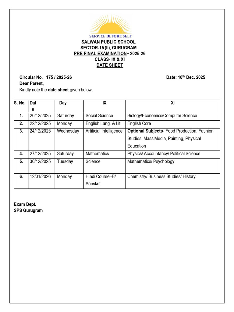 Salwan School Class IX & XI Exam Dates 2025 | PDF