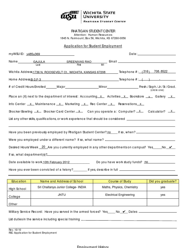 RSC Application For Student Employment Rev 10-10 Extended | PDF ...