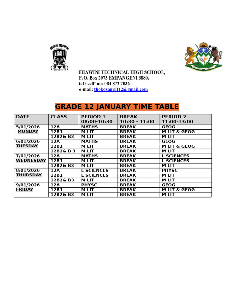 Grade 12 January Time Table-1 | PDF