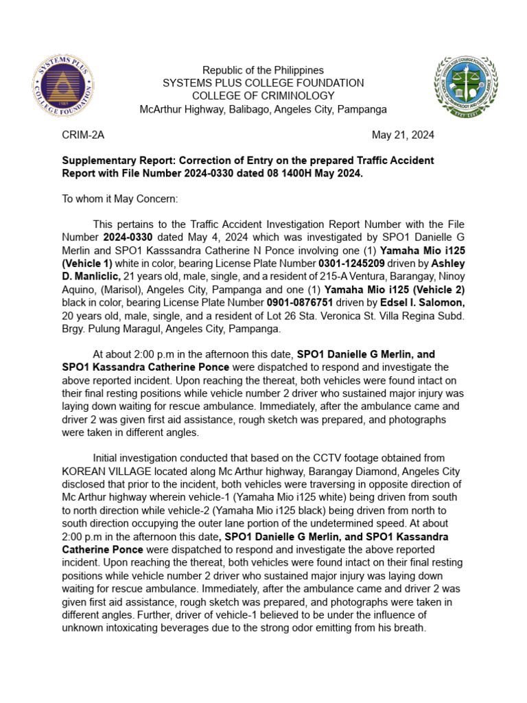 Cdi Traffic Acc Supplementary Report | PDF | Transport