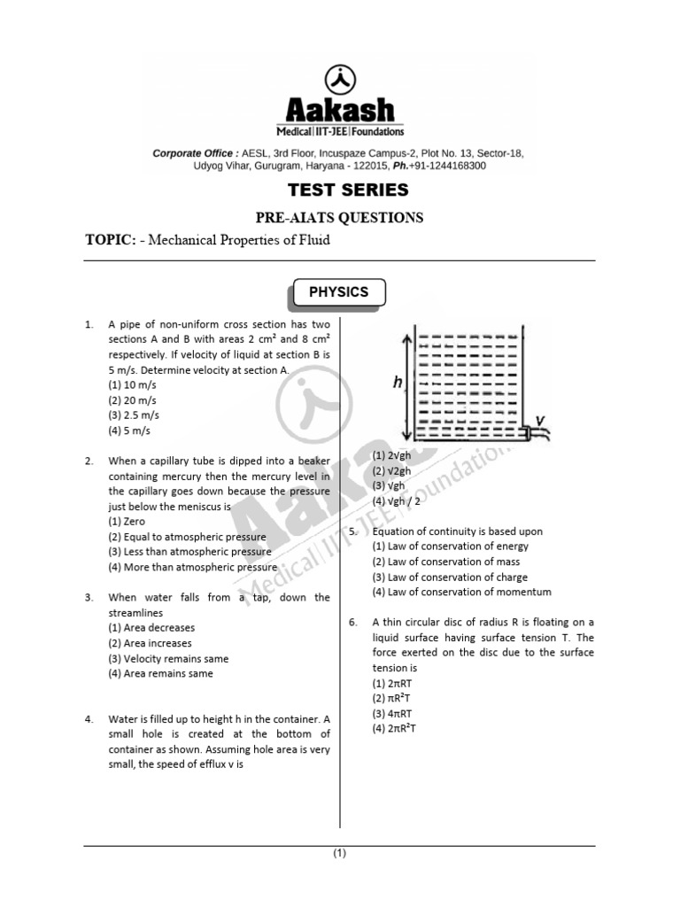 Fluid Mechanics Test Questions | PDF | Pressure | Drop (Liquid)