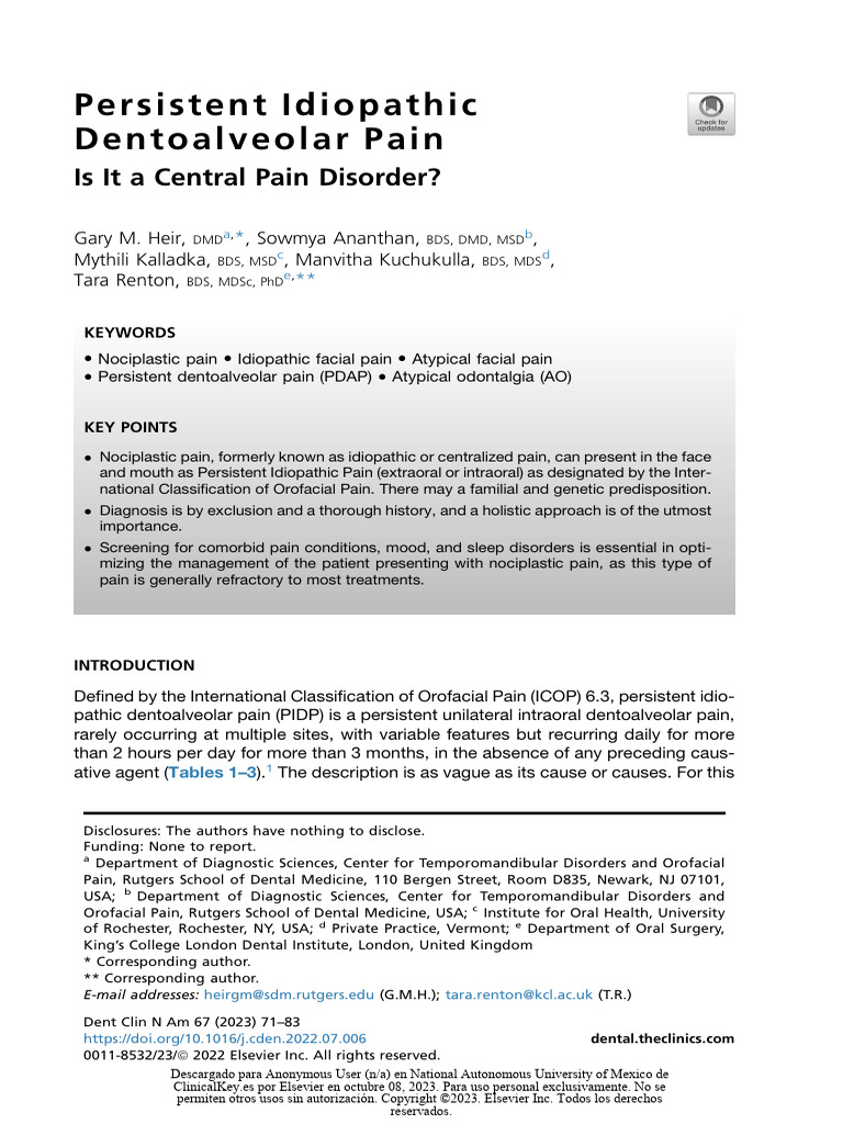 Dent Clin N Am - 2023 - Heir - Persistent Idiopathic Dentoalveolar Pain ...