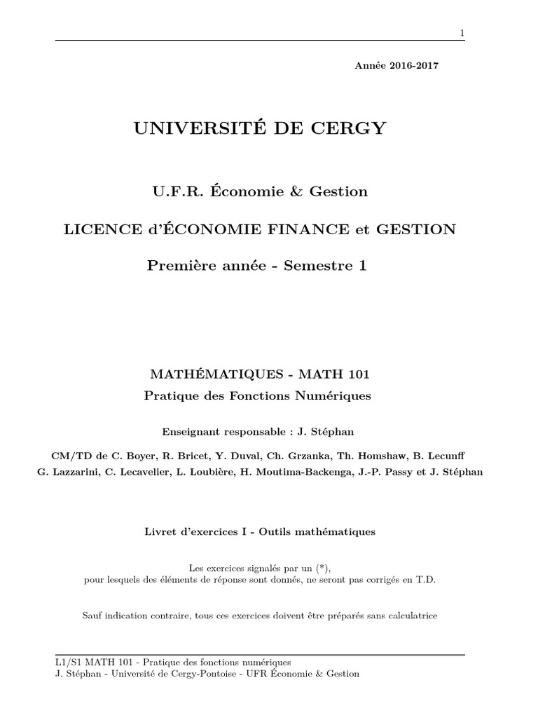 Pratique des Fonctions Numériques - MATH 101 | PDF | Mathématiques ...