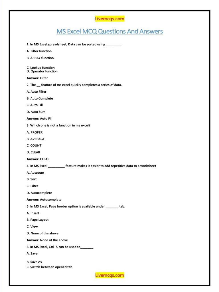 PDF Ms Excel MCQ Questions and Answers PDF Compress | PDF | Microsoft ...