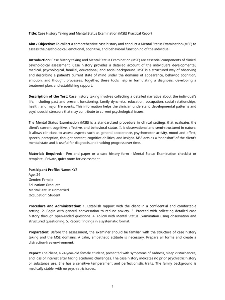 Case History and MSE Report Analysis | PDF | Mental Disorder | Psychiatry