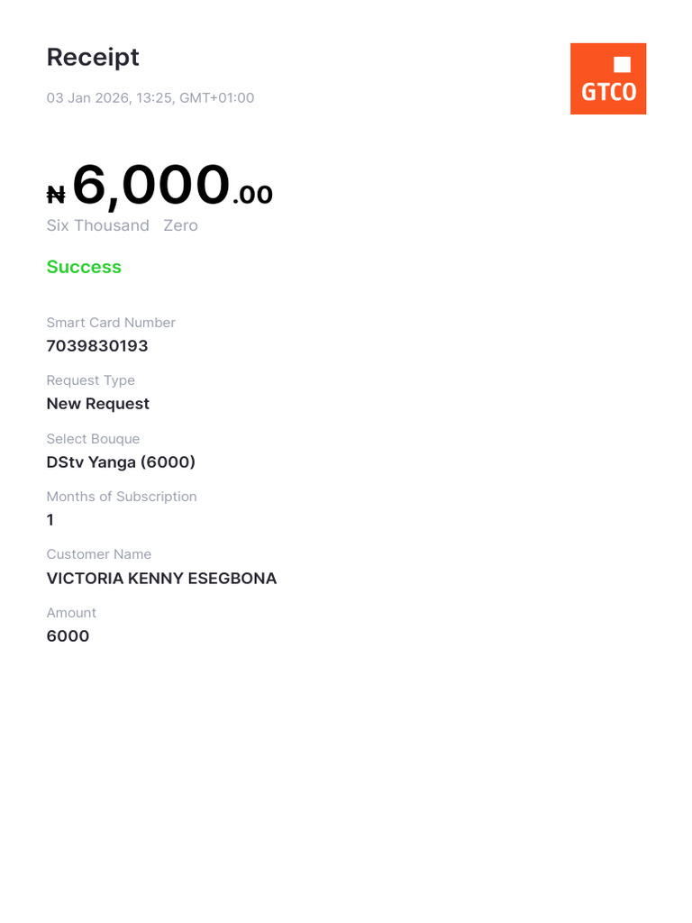 DStv Subscription Payment Receipt | PDF