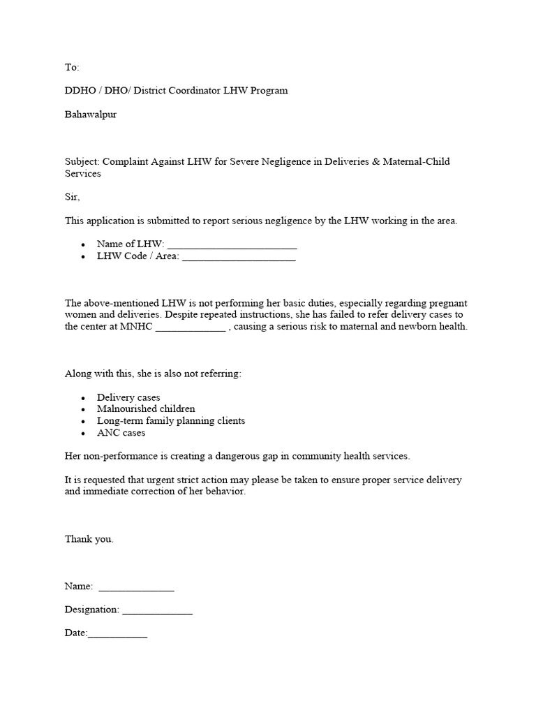 Complaint of LHW Negligence in Care | PDF