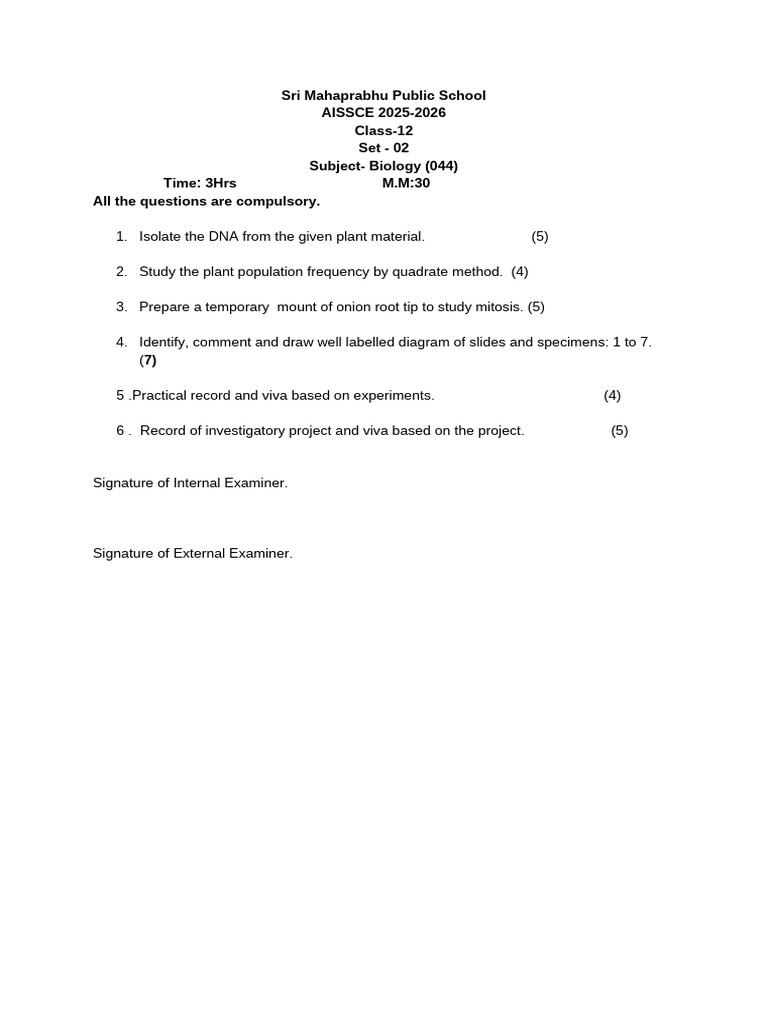 Class 12 Biology Practical Exam 2025-26 | PDF