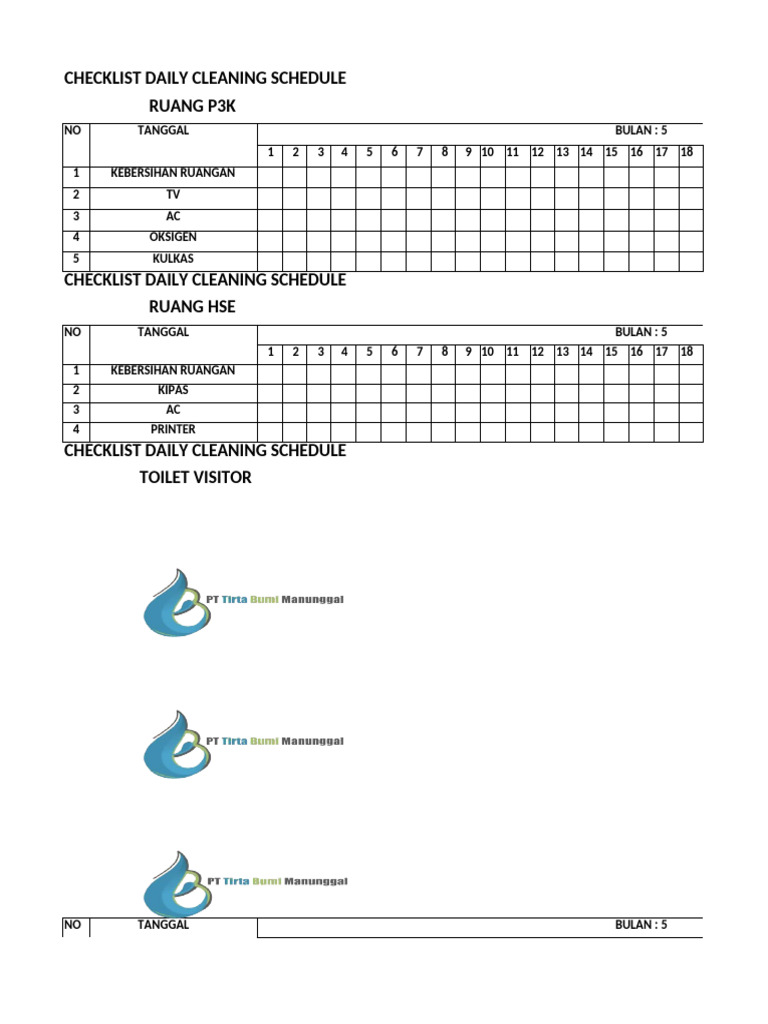 Daily Cleaning Schedule Checklist | PDF