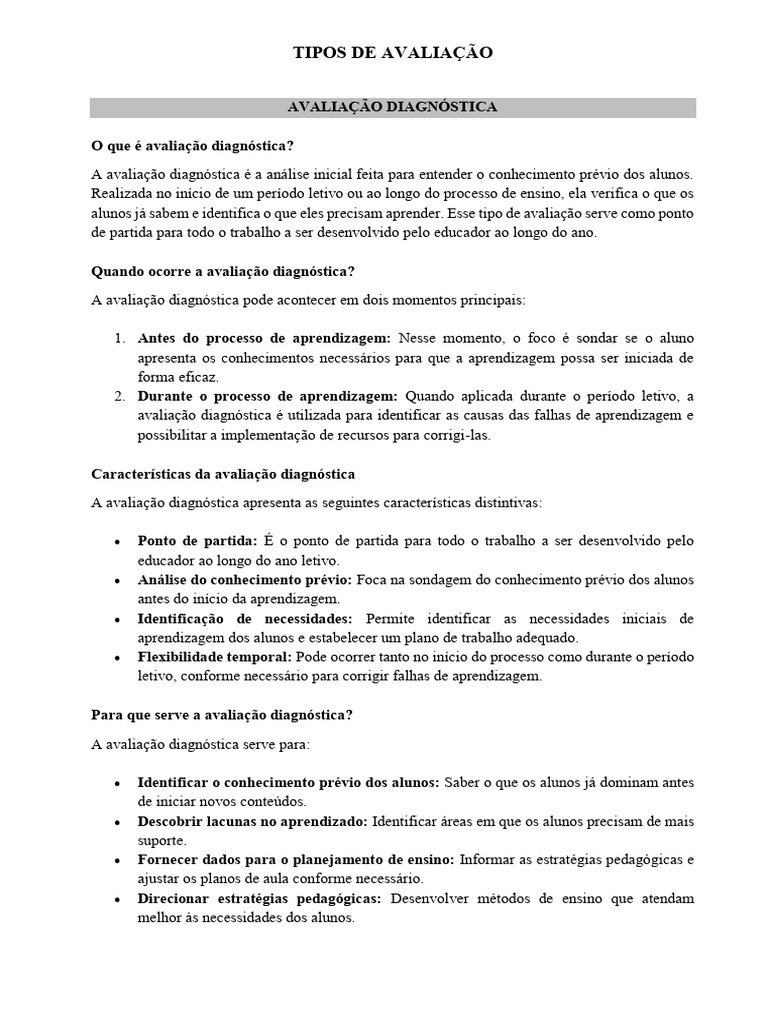 Tipos de Avaliação Educacional Explicados | PDF | Aprendizado | Pedagogia
