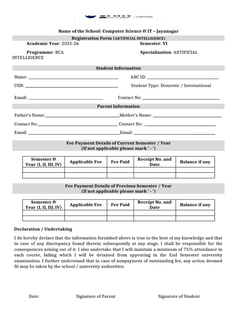 BCA AI Registration Form 2025-26 | PDF | Payments
