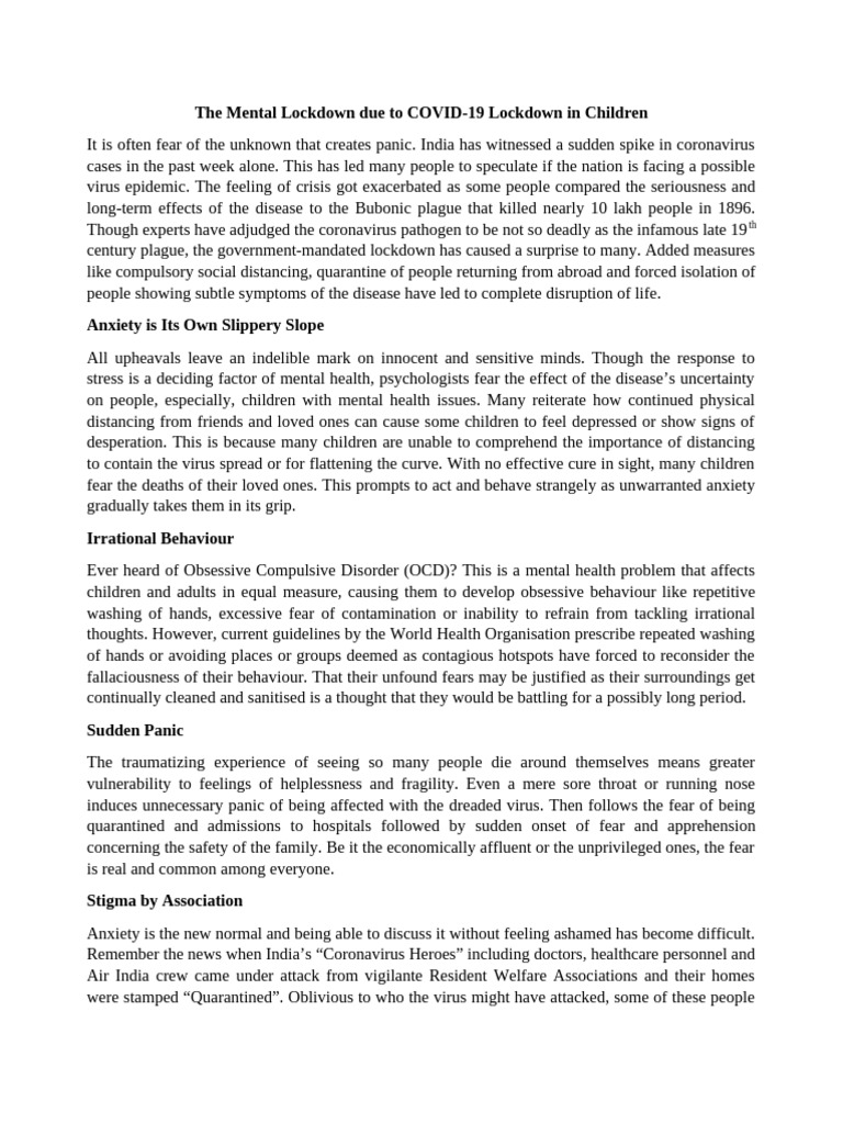 The Mental Lockdown Due to COVID-19 Lockdown in Children | PDF ...
