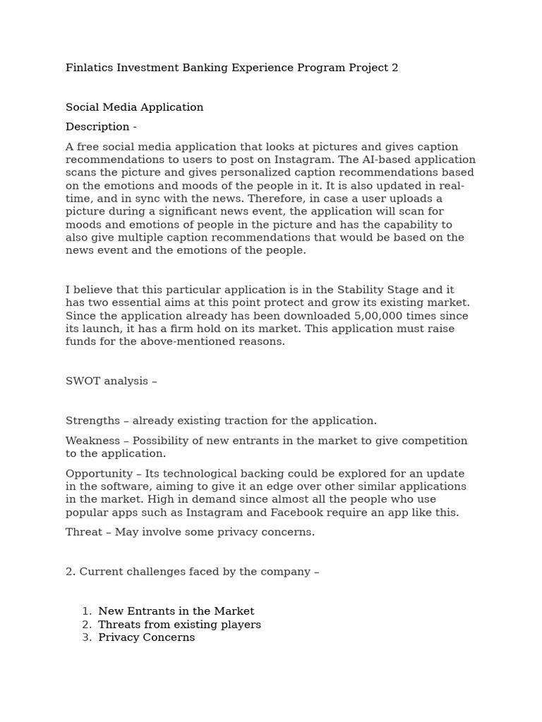 Finlatics Investment Banking Experience Program Project 2 | PDF