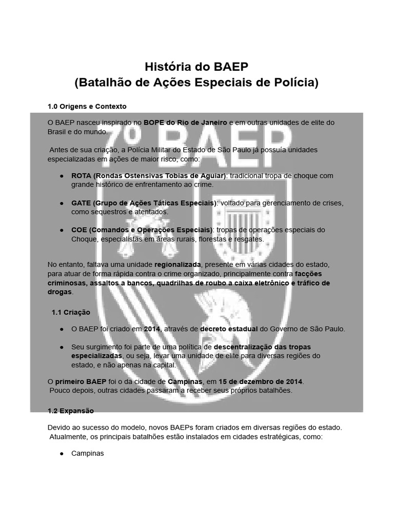 História e Estrutura do BAEP SP | PDF | Pelotão | Batalhão
