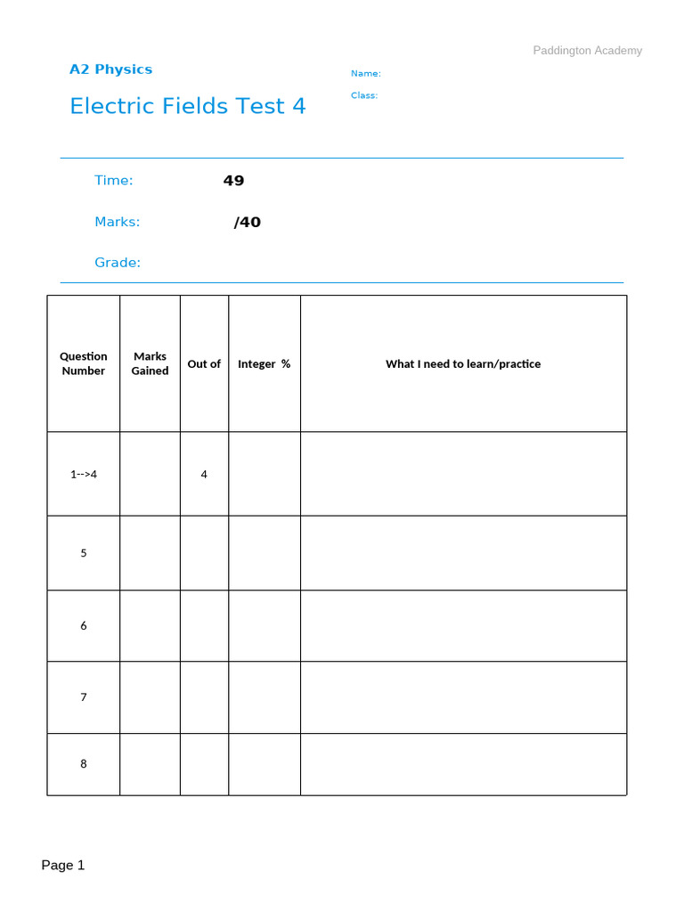 A2 Physics Electric Fields Test 4 | PDF | Force | Electric Field