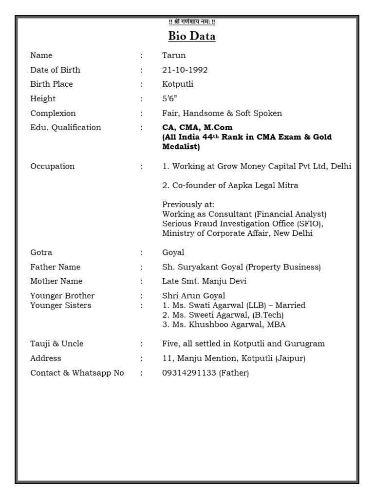 Tarun Goyal: CA Bio Data & Background | PDF