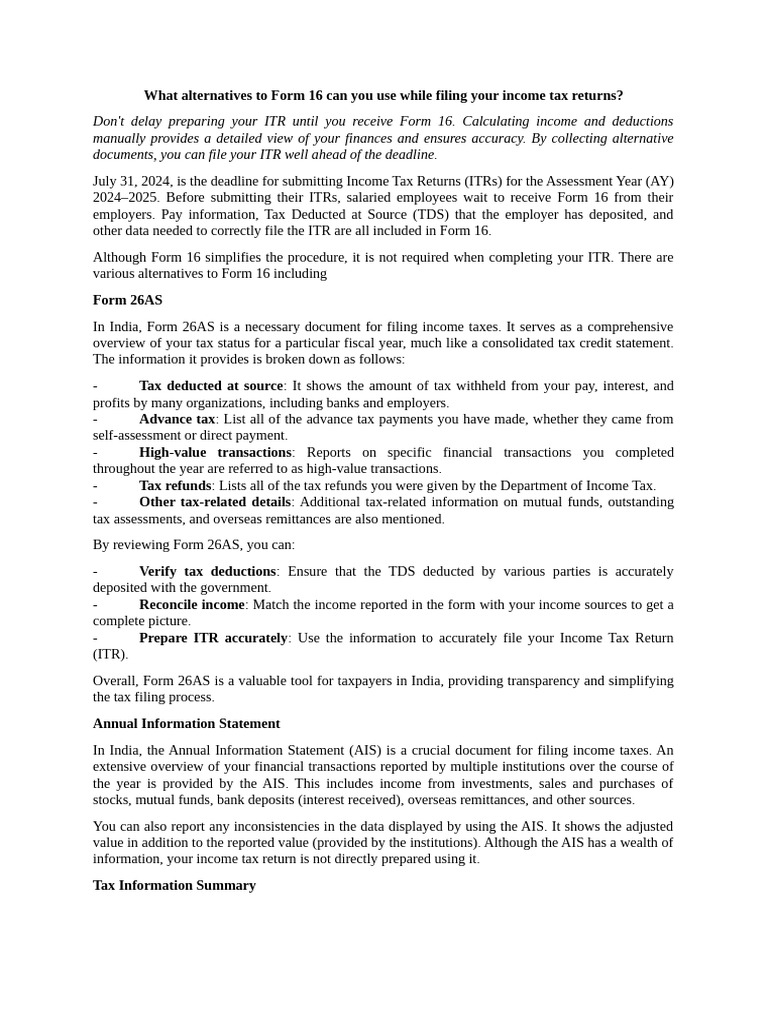 Alternatives to Form 16 for ITR Filing | PDF | Taxes | Income Tax