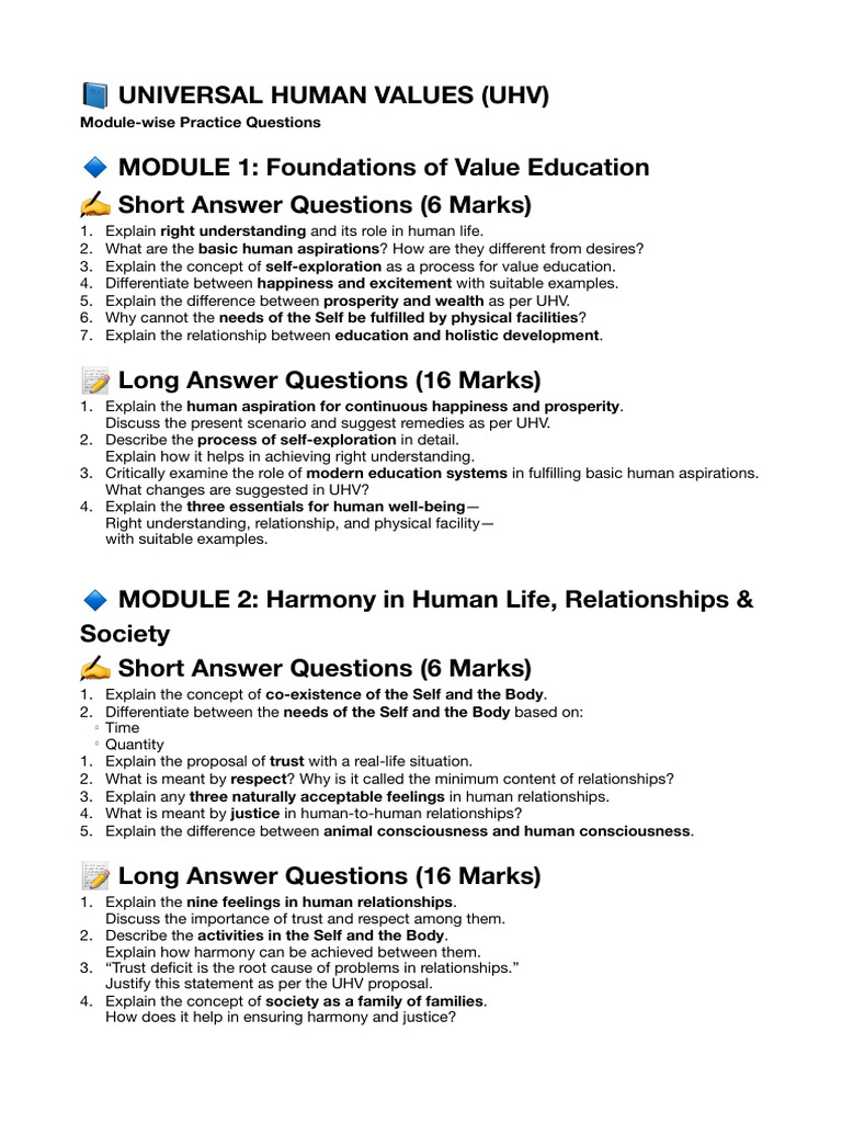 UHV Module Practice Questions Guide | PDF | Cognition | Social Psychology