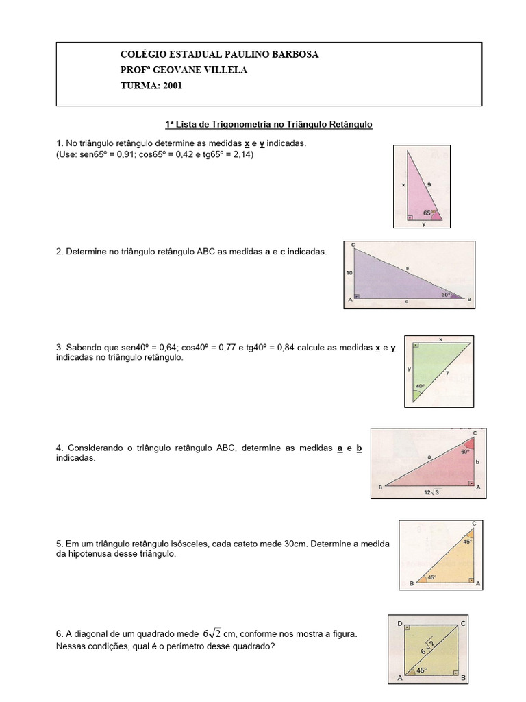 Exercícios de Trigonometria no Triângulo Retângulo | PDF