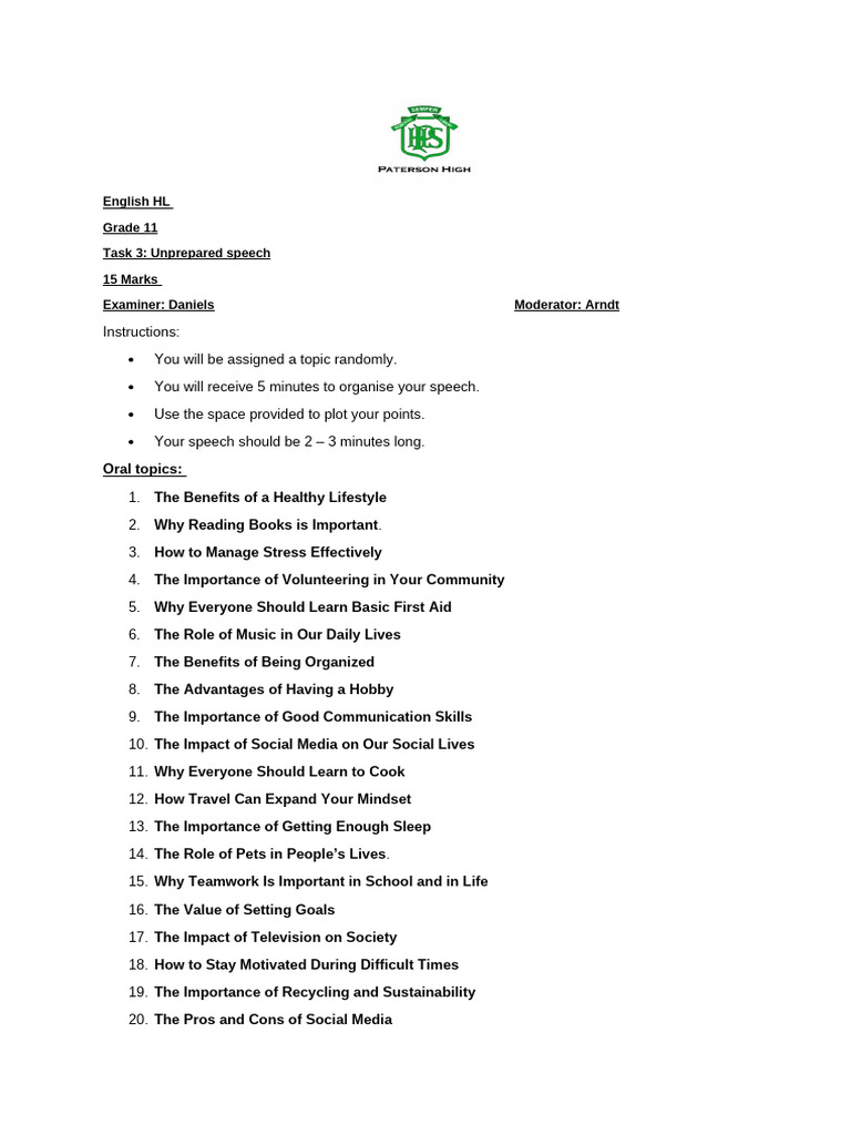 Grade 11 Unprepared Speech Topics | PDF