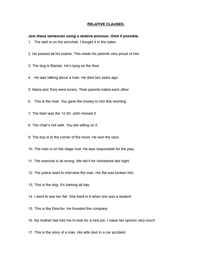 Relative Clauses Sentence Exercises | PDF