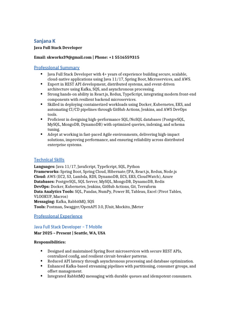 Sanjana Java FullStack Resume | PDF | Postgre Sql | Databases