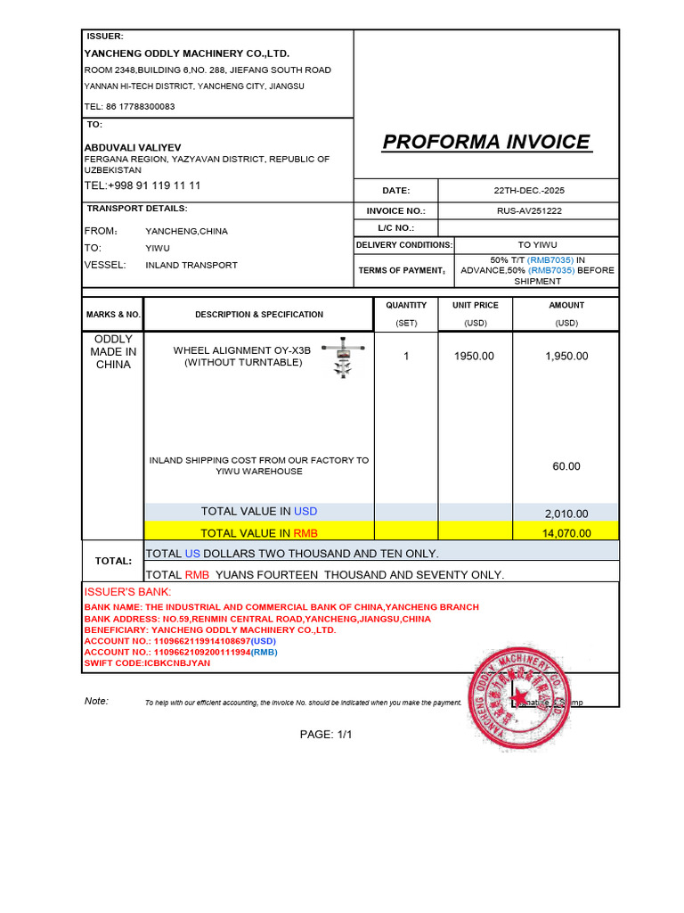 Proforma Invoice for Wheel Alignment OY-X3B | PDF | Invoice