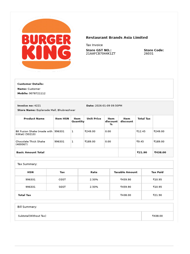 Burger King Invoice - Esplanade Mall | PDF
