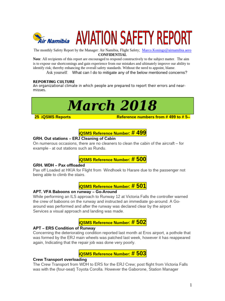 Air Namibia MONTHLY Safety Report March 2015 | PDF | Aviation Safety ...