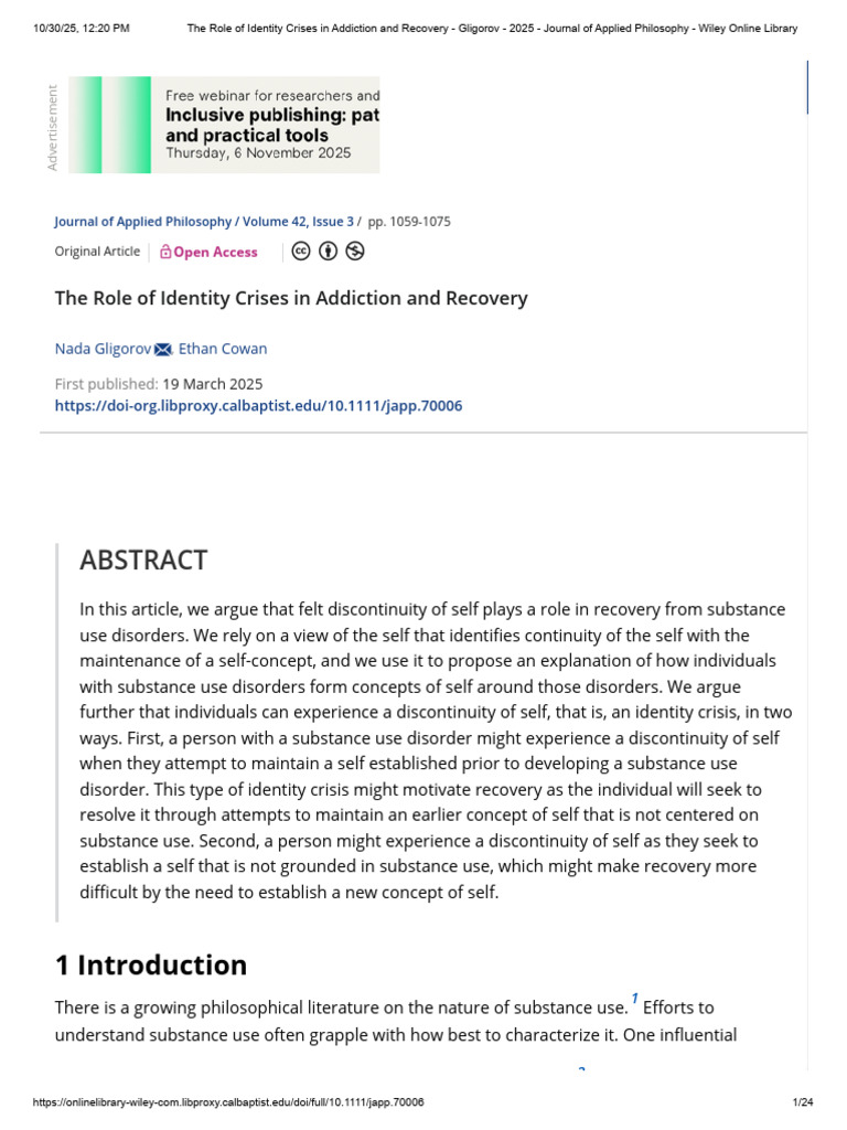 The Role of Identity Crises in Addiction and Recovery - Gligorov - 2025 ...