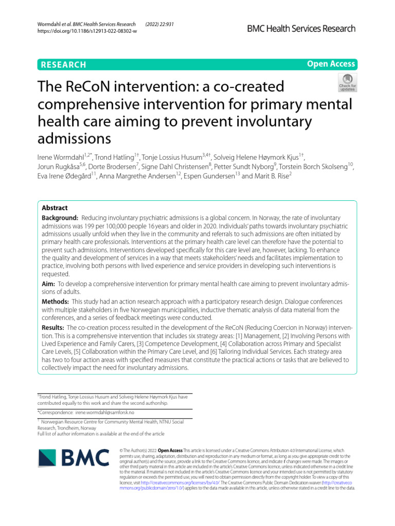 ReCoN Intervention for Mental Health Care | PDF | Creative Commons ...