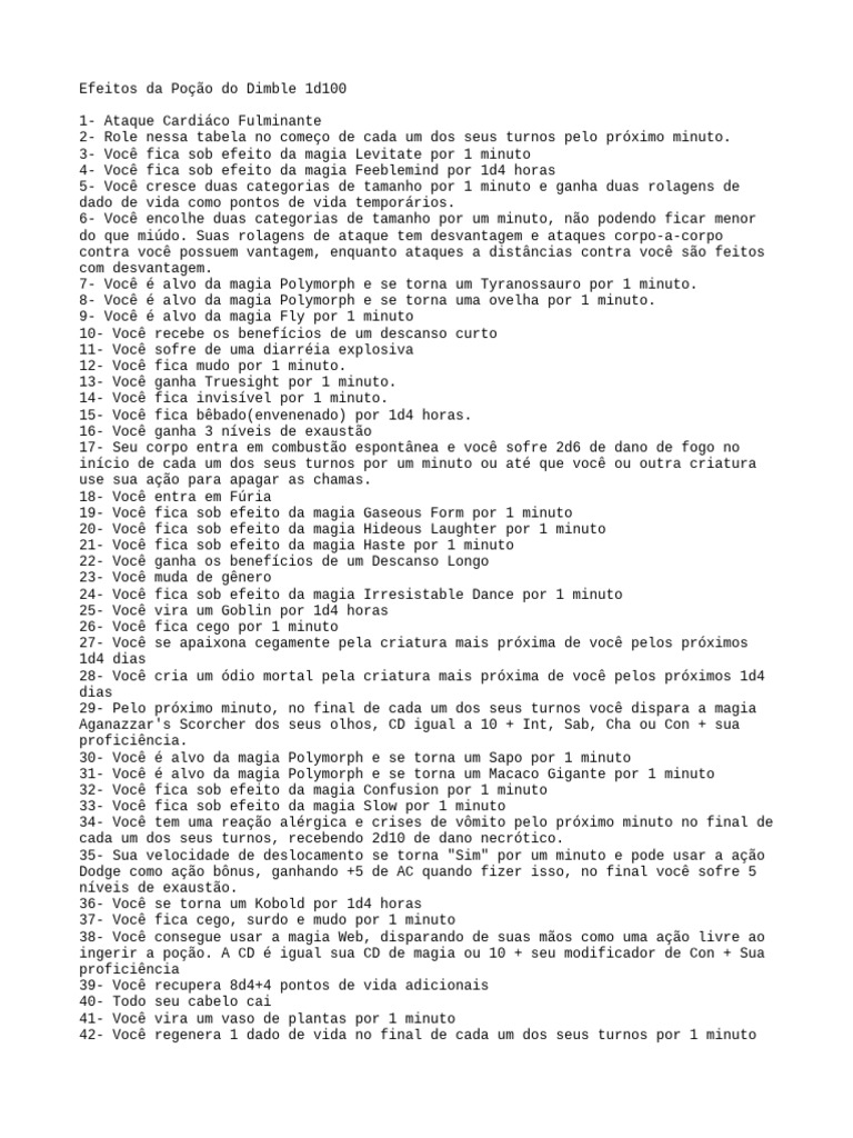 Efeitos da Poção do Dimble 1d100 | PDF