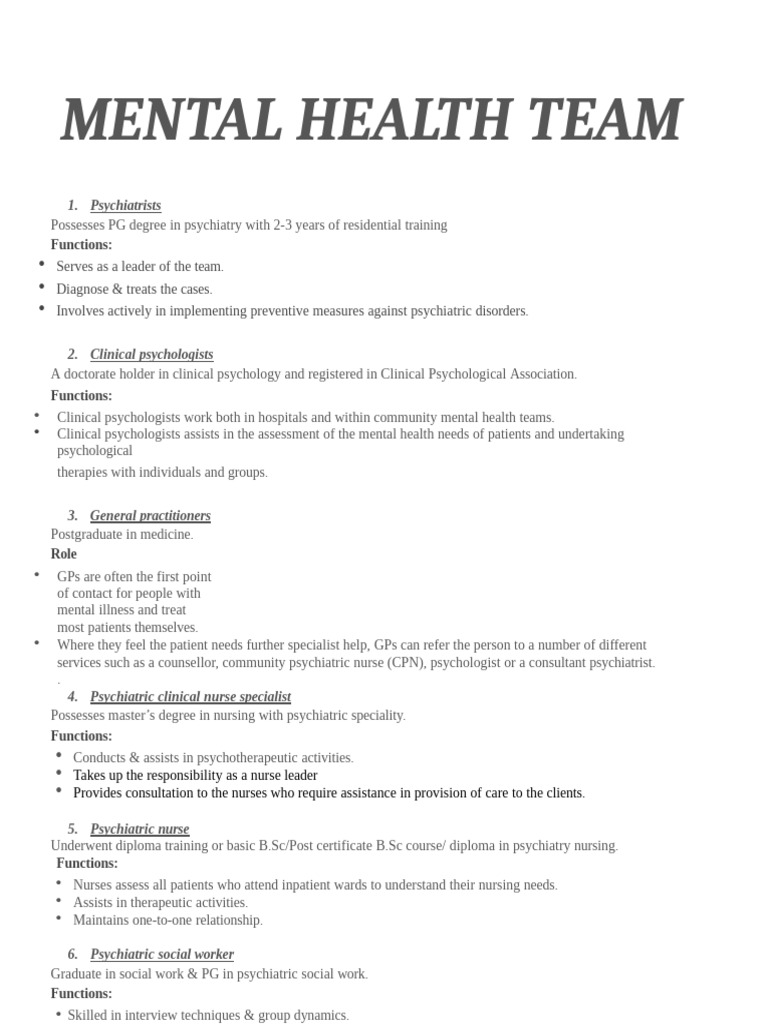 Comprehensive Mental Health Team Roles | PDF | Psychiatry | Psychotherapy