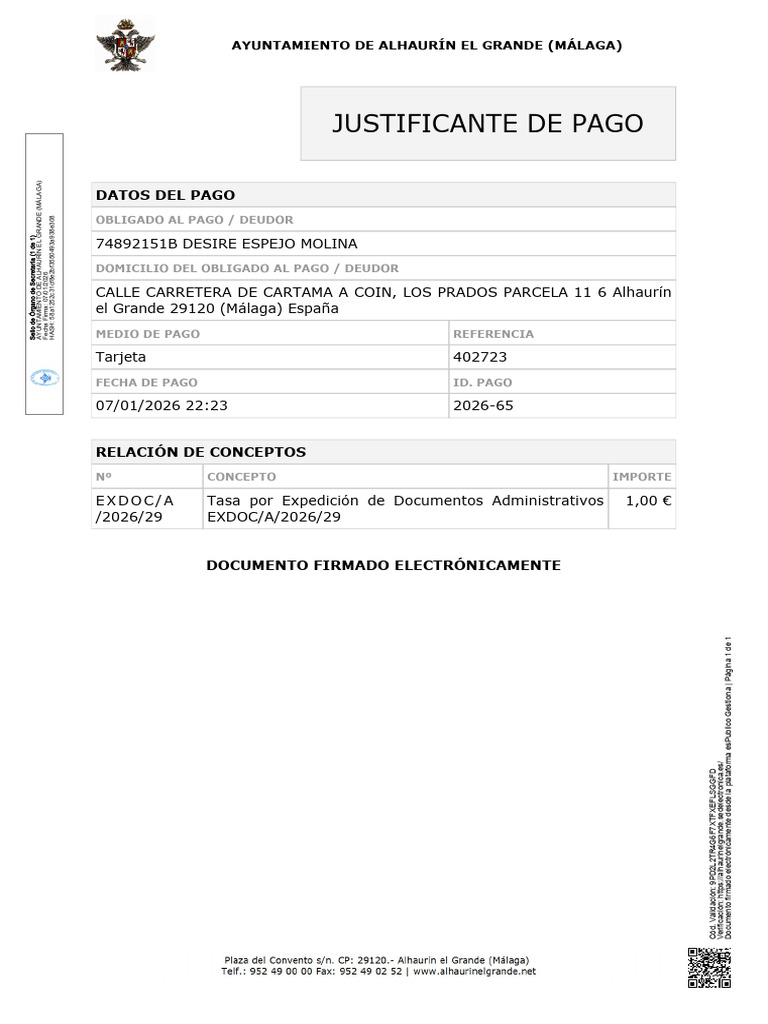 Justificante de Pago Ayuntamiento Alhaurín | PDF